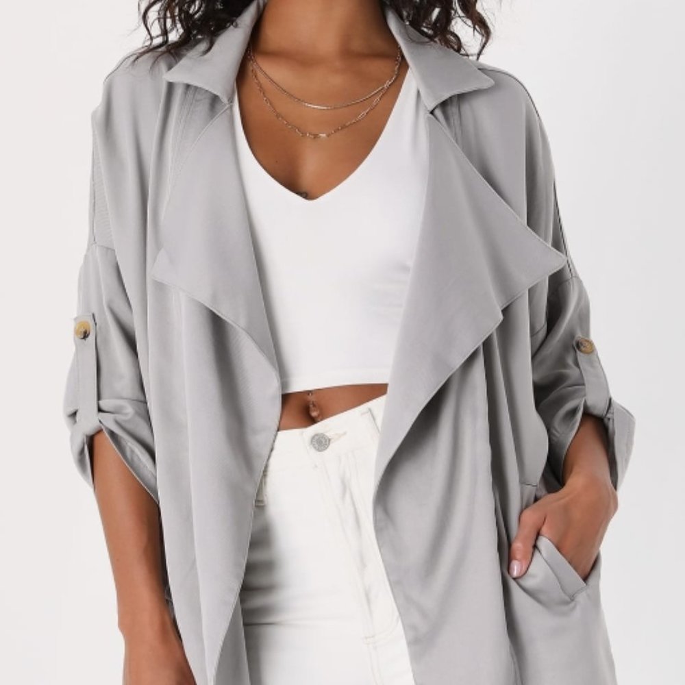 Lulu's Lucky Break Light Grey Oversized Jacket (Small)
